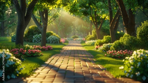 A path leading to a beautiful garden with flowers and trees, AI photo
