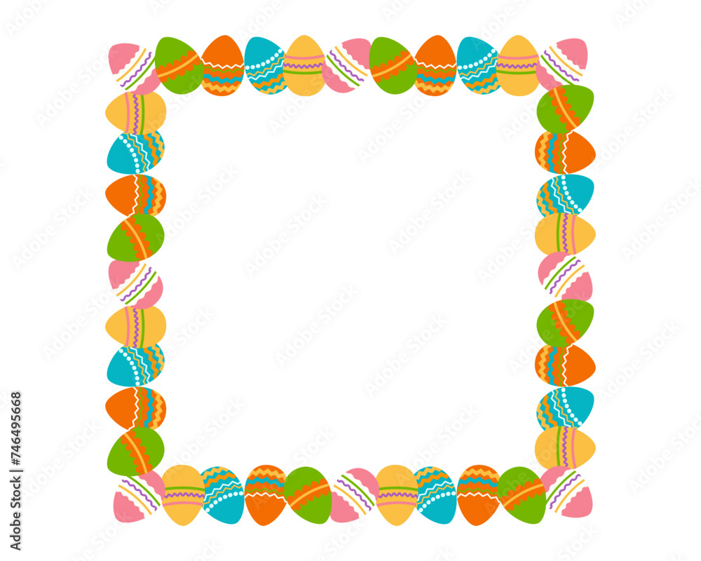 Square decorative Easter frame. Border made of Easter painted eggs. Perfect for festive holiday decoration and spring greeting cards. Vector illustration. Square decorative Easter frame. Border made of Easter painted eggs. Perfect for festive holiday decoration and spring greeting cards. Vector illustration.