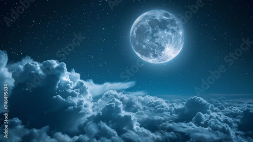 A full moon in the sky above clouds with stars, AI