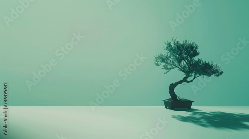 Mint Green Zen Background with Minimalist Bonsai Tree