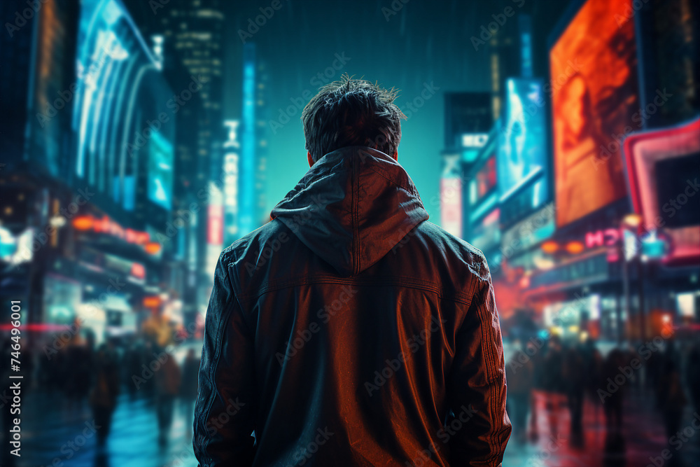 Ai generated back view picture of male cyborg personage in a cyberpunk city illuminated neon colors Ai generated back view picture of male cyborg personage in a cyberpunk city illuminated neon colors