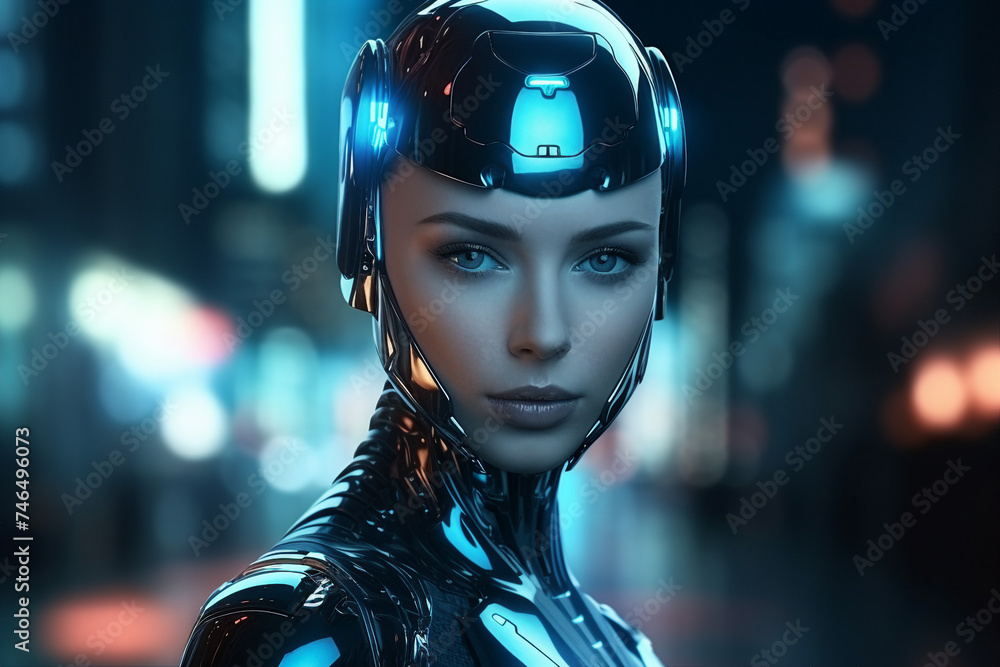 AI generated picture of human android cyberpunk of future in futuristic city AI generated picture of human android cyberpunk of future in futuristic city