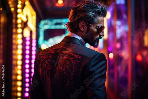 Back view portrait of a handsome elegant man neon illuminated city virtual reality and cyberpunk generative AI concept © Tetiana