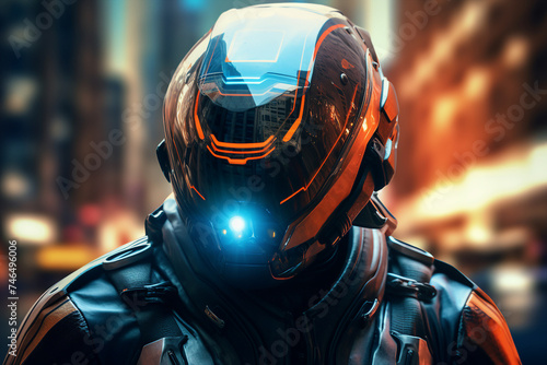Science fiction picture of modern cyborg with a cyberpunk helmet on a futuristic background made with generative AI