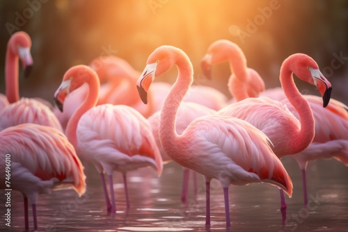A flock of pink flamingos gathers silently at sunset. © ORG