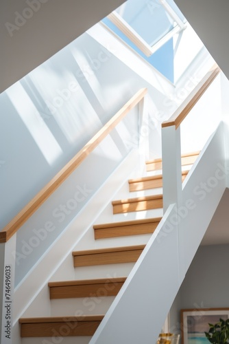 Simple white staircase with wooden handrails