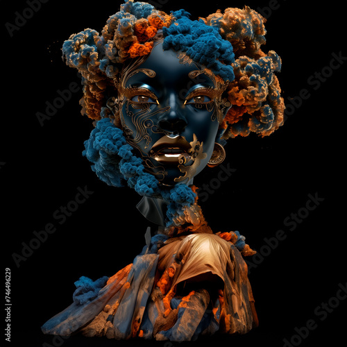 3d rendered fantasy women with intrincate facial decoration and organic forms made of metal. In the style of futurist cybermysticsteampunk with afro-caribbean influence. photo