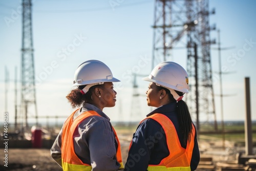 African American female construction worker wearing a hard hat and windmill uniform while working together on a construction site.