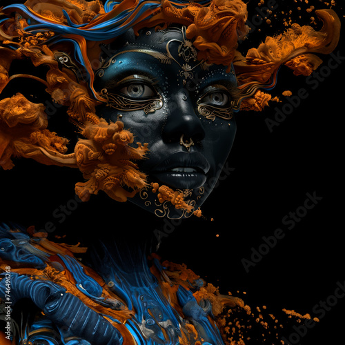 3d rendered fantasy women with intrincate facial decoration and organic forms made of metal. In the style of futurist cybermysticsteampunk with afro-caribbean influence.