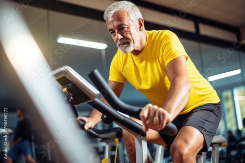 Adult man doing vigorous exercise on a bright yellow spin bike. Focusing on fitness in the gym.