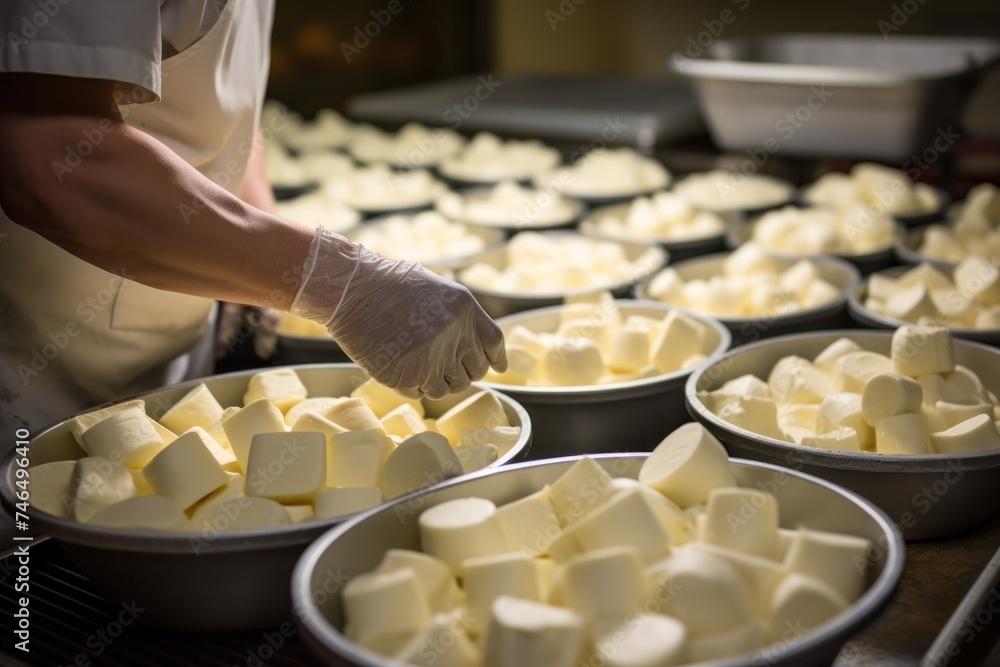 People pour fresh cheese curd into individual cheese molds in the cheese making workshop. - obrazy, fototapety, plakaty 