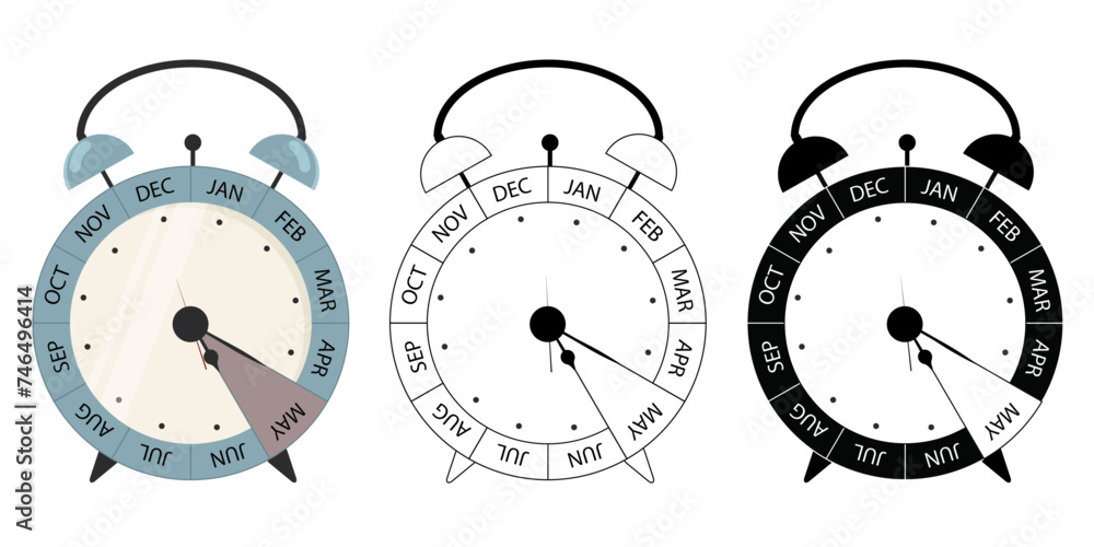 Set of 12-month alarm clocks with hands pointing to May. May. May meeting. May appointment. isolated on white background. Outlines. pictogram. Time management concept. May schedule - stock vector Set of 12-month alarm clocks with hands pointing to May. May. May meeting. May appointment. isolated on white background. Outlines. pictogram. Time management concept. May schedule - stock vector