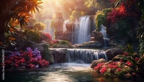 Spring waterfall with flowers beautiful landscape