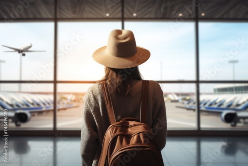 woman with backpack and hat admiring airfield through window of airport during trip