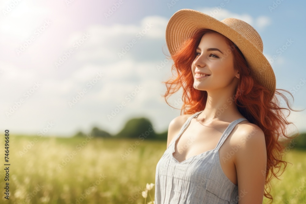 Beautiful cheerful young woman in a sundress, looking away, with a straw hat standing in a countryside field on a summer day.