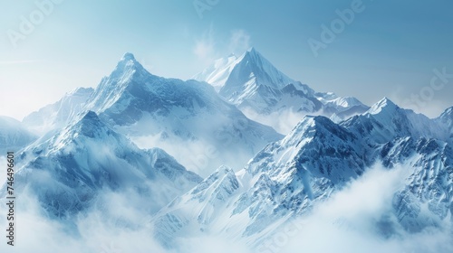 A mountain range covered in clouds with a blue sky, AI © Alexandr