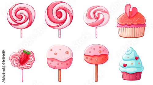 Whimsical Sweet Icons in Kawaii Style on transparent background- Joyful Dessert Illustrations with Ice Cream, Candy, and More