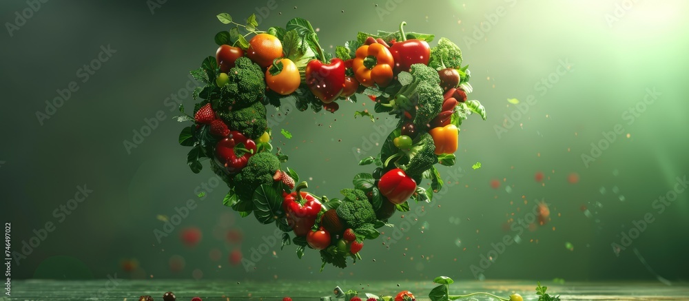 banner Vegetables and fruits in the shape of a heart on green sky background. Concept of healthy eating, vegetarianism, health care, health day, with copy space