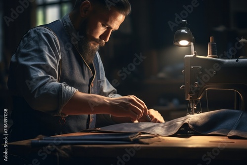tailor in dickey sewing by needle leather textile on workplace photo