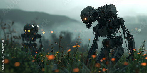 Robots transformer walking in the field of flowers  .robots in a flower garden  . photo