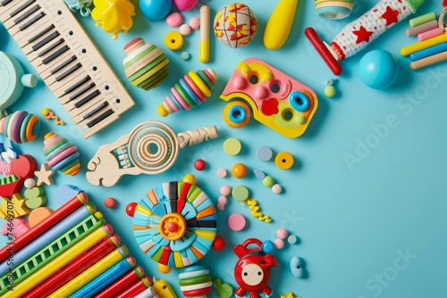 Baby kids toys on light blue background. Colorful educational wooden and musical toys. Top view, flat lay, Generative AI