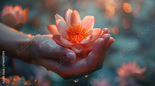 hand holding a glowing lotus flower, generative ai © Neelam