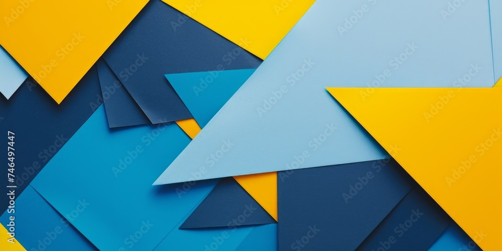 Abstract blue and yellow color paper geometry composition background, Generative AI