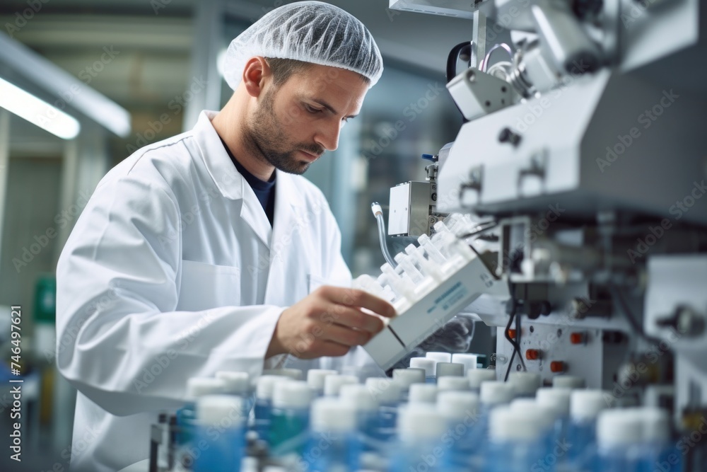 side view of male worker in uniform filling pharmaceutical machine with chemical product while working at manufacturing plant side view of male worker in uniform filling pharmaceutical machine with chemical product while working at manufacturing plant