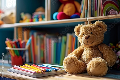Bookshelf with colorful books and teddy bear with colored pencils on the table. Elementary school, kindergarten playroom with toys, children library, preschool education. Generative AI photo
