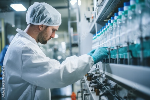 side view of male worker in uniform filling pharmaceutical machine with chemical product while working at manufacturing plant