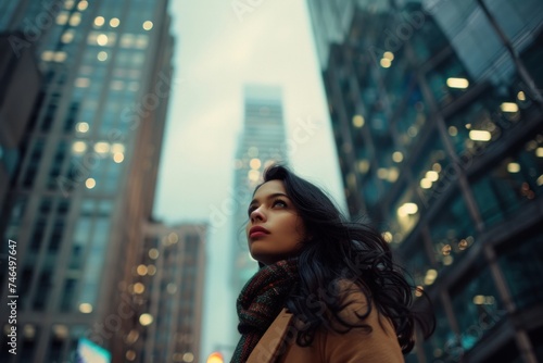 Young woman in a stylish coat with long dark hair looks out over the blurred background of modern skyscrapers on a city street.