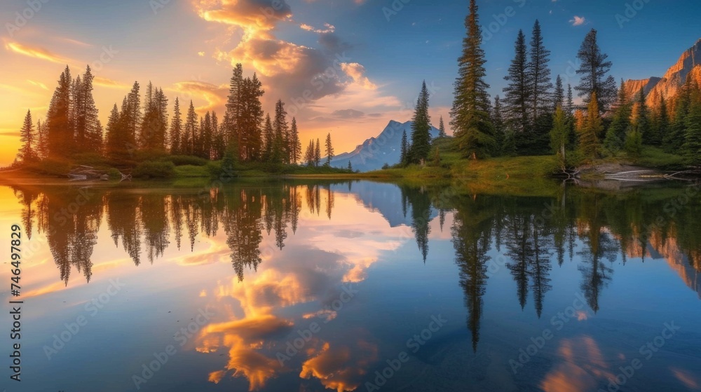 Sunset Glow on a Pristine Alpine Lake Surrounded by Pines.