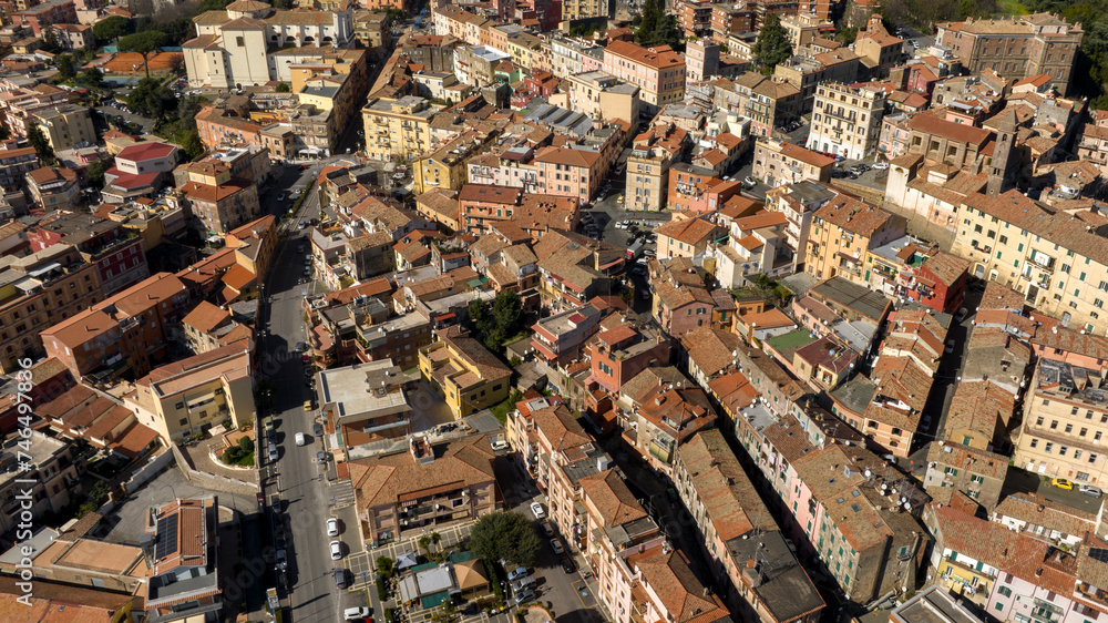 Aerial view of Genzano di Roma, a town and comune in the Metropolitan City of Rome, Italy. The historic center is located in the Alban Hills and one of the Castelli Romani. Aerial view of Genzano di Roma, a town and comune in the Metropolitan City of Rome, Italy. The historic center is located in the Alban Hills and one of the Castelli Romani.