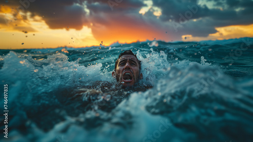 Drowning Agony A Troubled Male Figure's Scream Captures the Concept of Tragedy at Sea