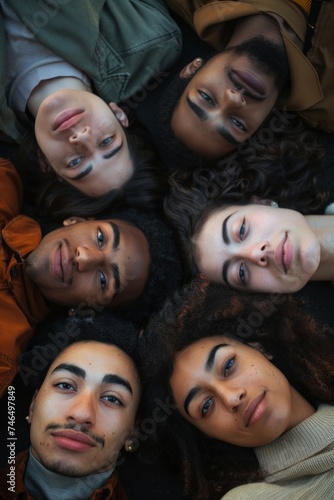Group of multiethnic friends lying on the floor, looking at the camera, top view