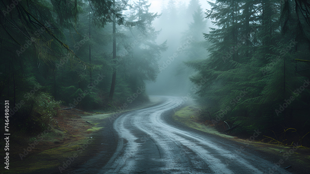 Beautiful landscape of road in the mountains at dusk Long exposure with fog, generative ai