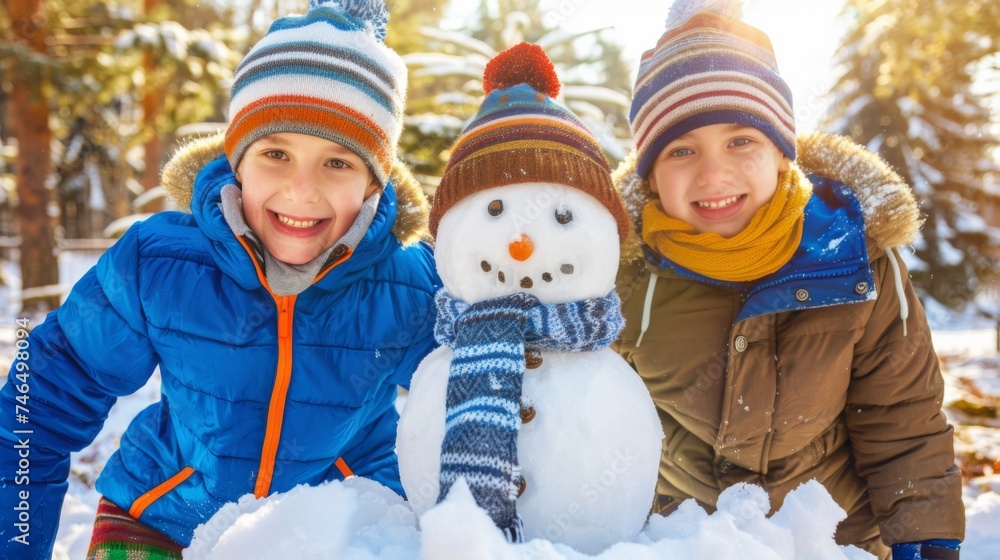 Two cheerful siblings in colorful winter gear share a moment of joy while building a snowman on a sunny winter day.