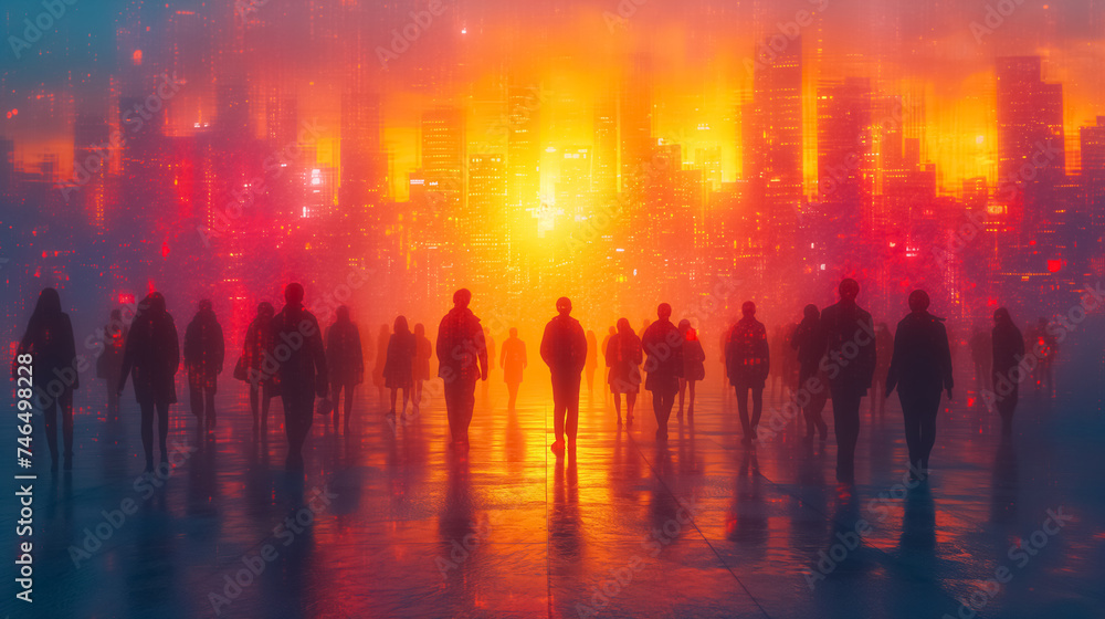 Rear View Silhouette of a Group by a Massive Window, Immersed in the City's Night Unveiling Rear View Silhouette of a Group by a Massive Window, Immersed in the City's Night Unveiling