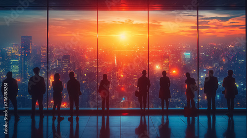 Rear View Silhouette of People Group in Front of a Towering Window, Observing the Downtown Sunset
