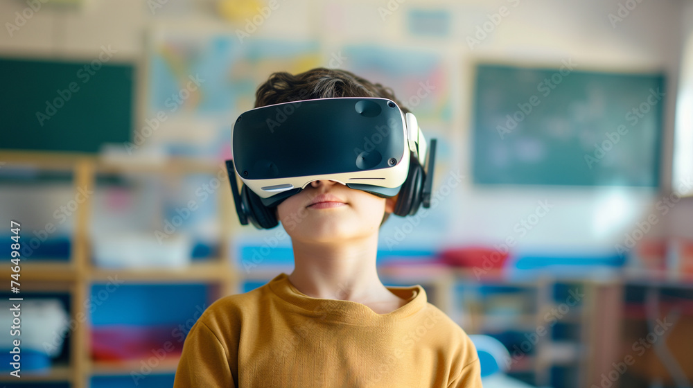 Digital Education Unleashed Kid with Augmented Reality and VR Glasses in Classroom Digital Education Unleashed Kid with Augmented Reality and VR Glasses in Classroom