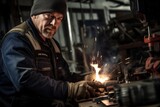 Middle-aged carpenter wearing hat and gloves heating metal parts with gas torch working in garage