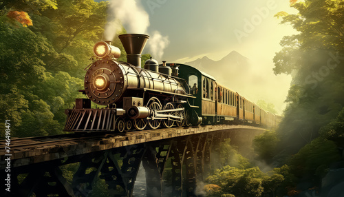 Vintage train passing over a bridge in the forest