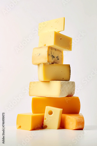 A picturesque display of assorted cheese slices stacked in a pyramid formation, showcasing a variety of textures, colors, and flavors. From creamy brie to tangy cheddar, culinary diversity. 