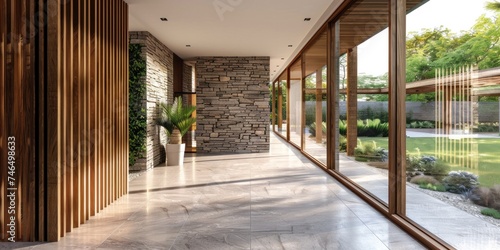Open plan hallway with wooden partition  stone wall feature  and full-length windows providing garden views