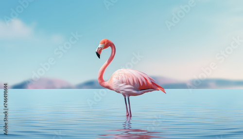 Pink flamingo on blue sky and river