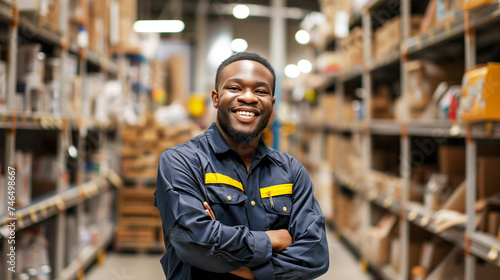Handsome and Happy Professional Worker Wearing Safety Vest and Hard Hat Smiling with Crossed Arms on Camera. In the Background Big Warehouse with Shelves full of Delivery Goods. AI Generative