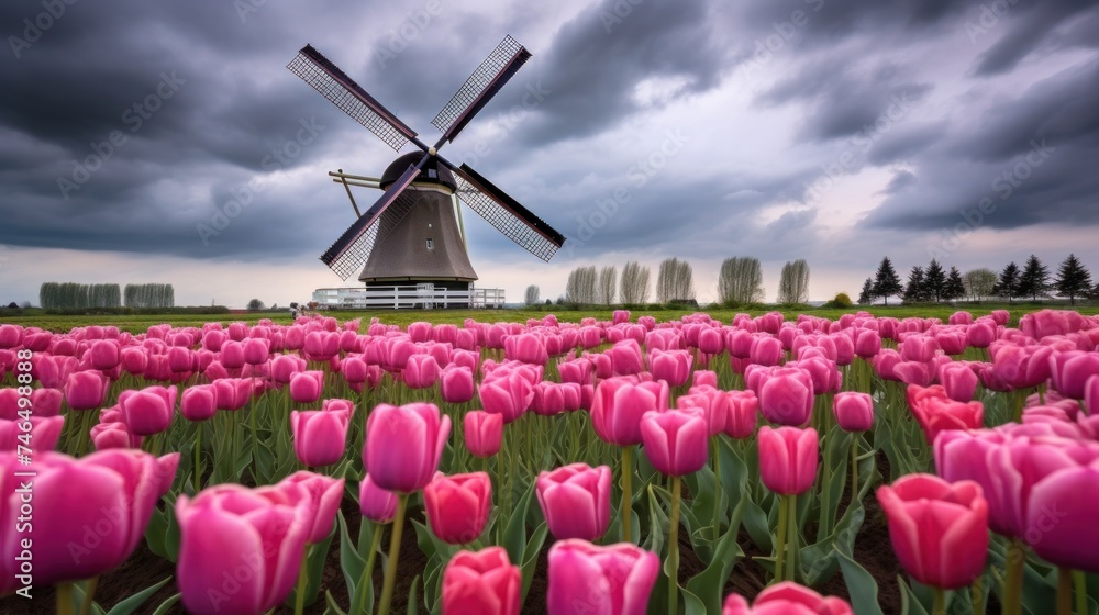 Pink tulips bloom in traditional Dutch style.