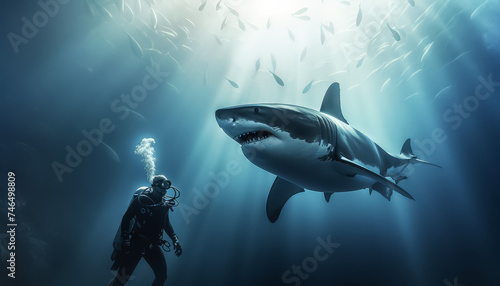 A diver and a large shark met underwater © terra.incognita