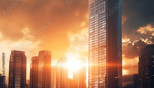 High-rise buildings at sunset