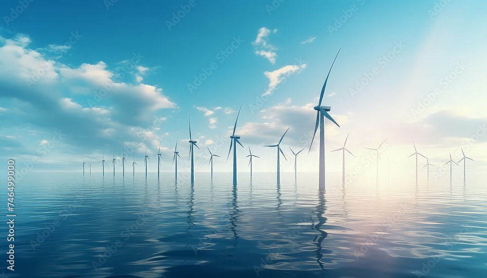 Windmills in water on the sea